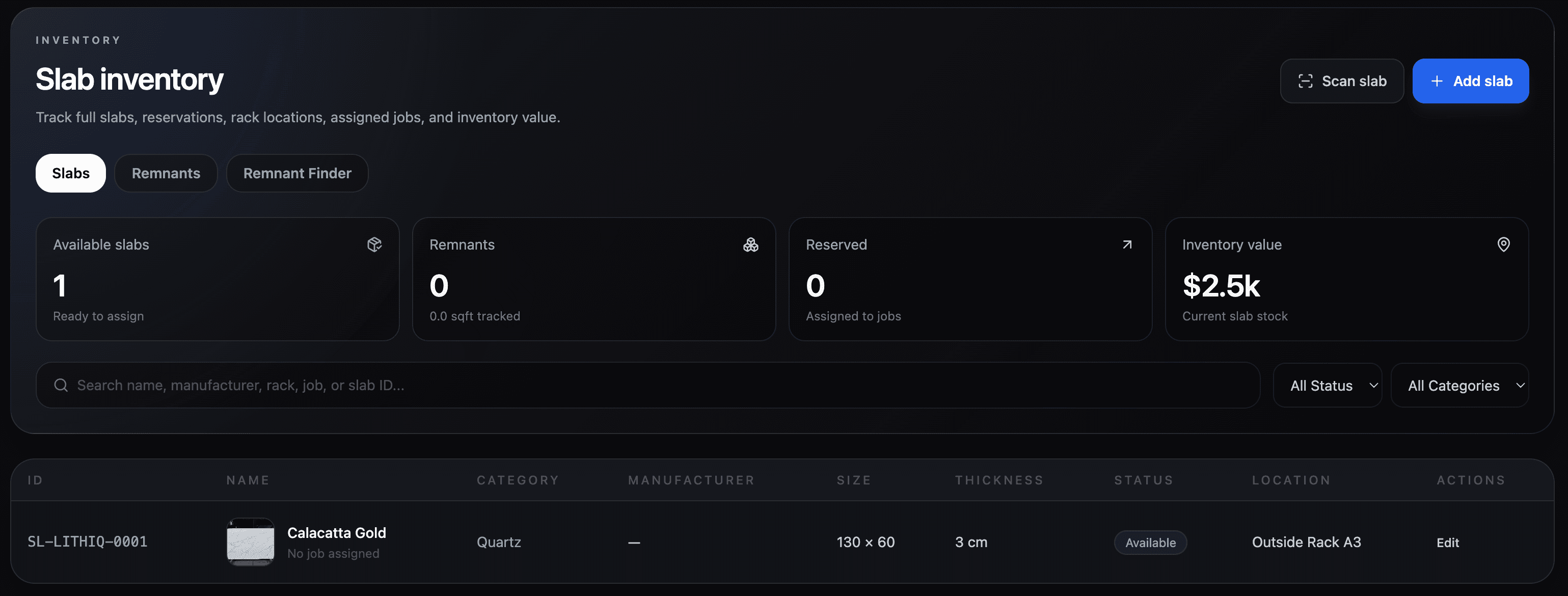 Lithiq inventory overview interface