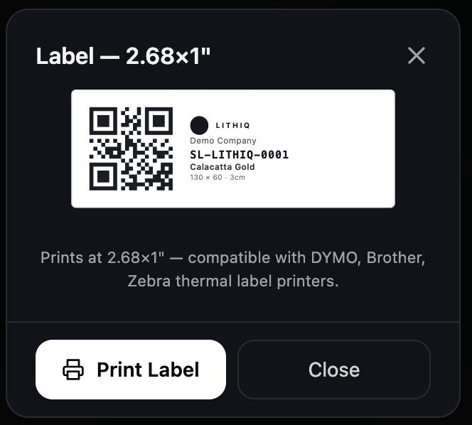 Lithiq slab label with QR code
