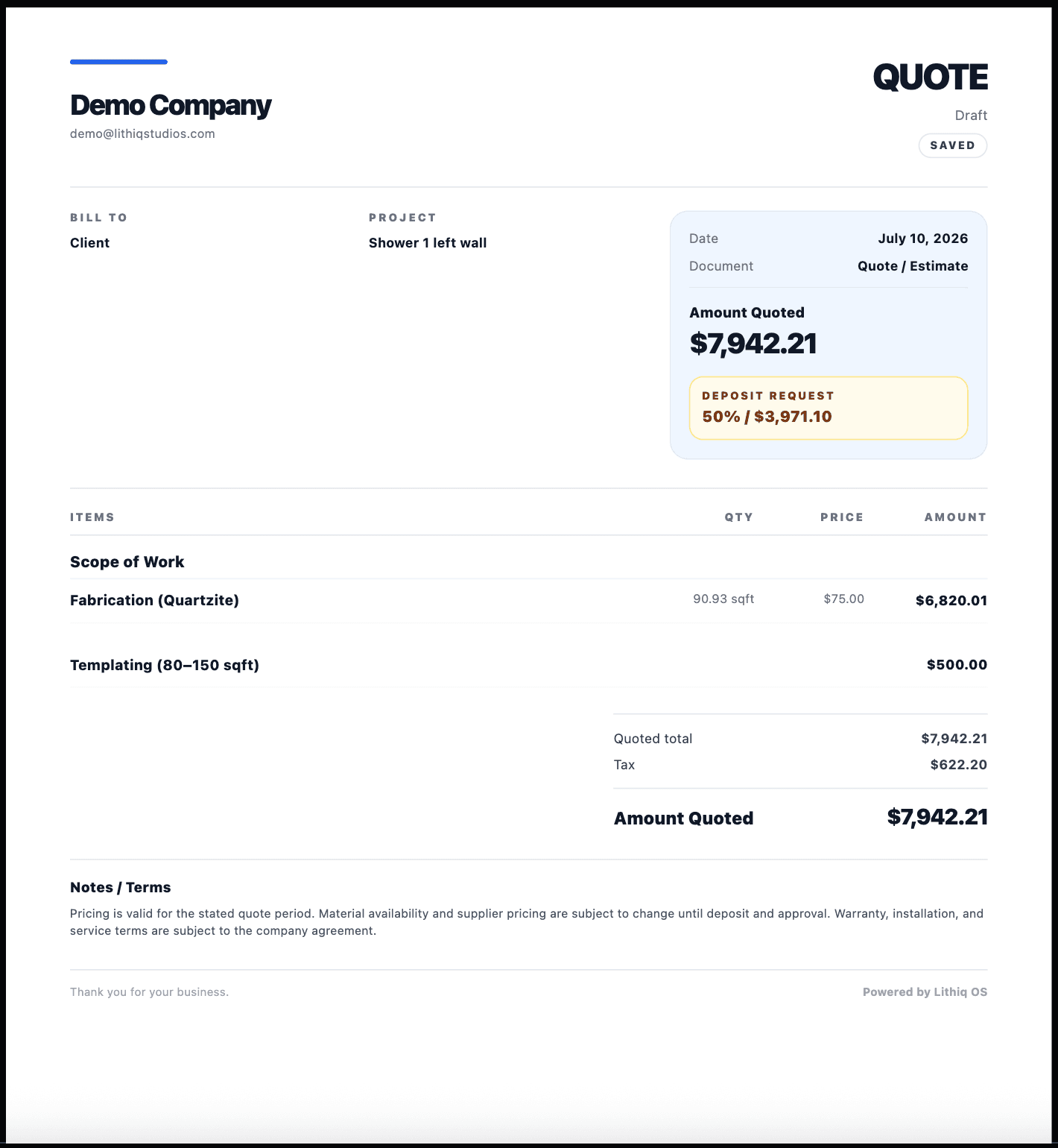 Lithiq quote and invoice interface on desktop