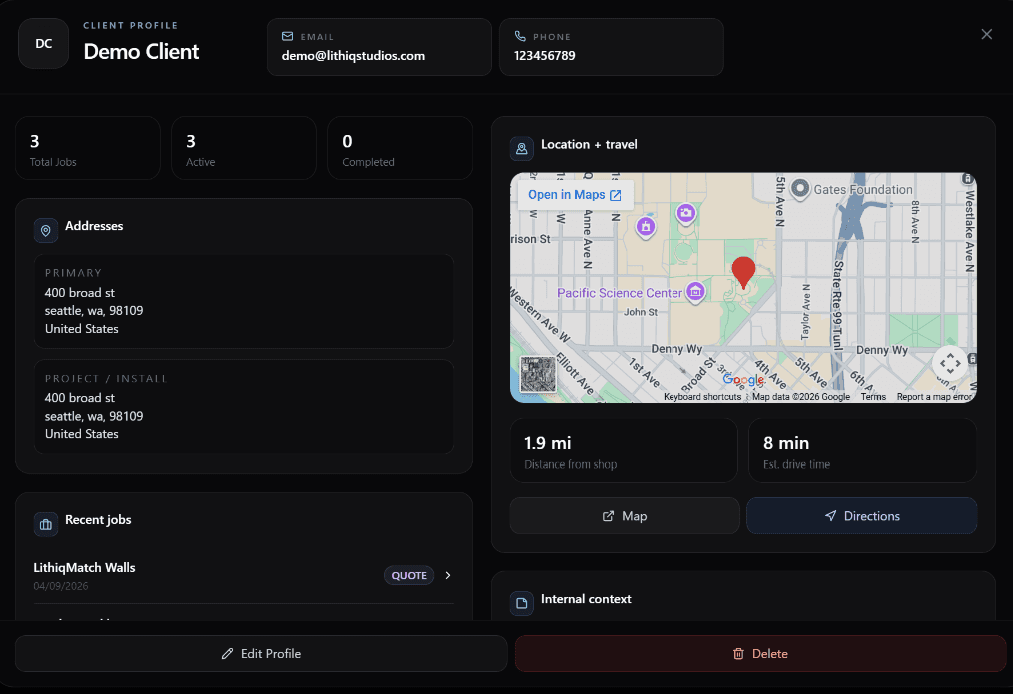 Client portal job details view in Lithiq OS