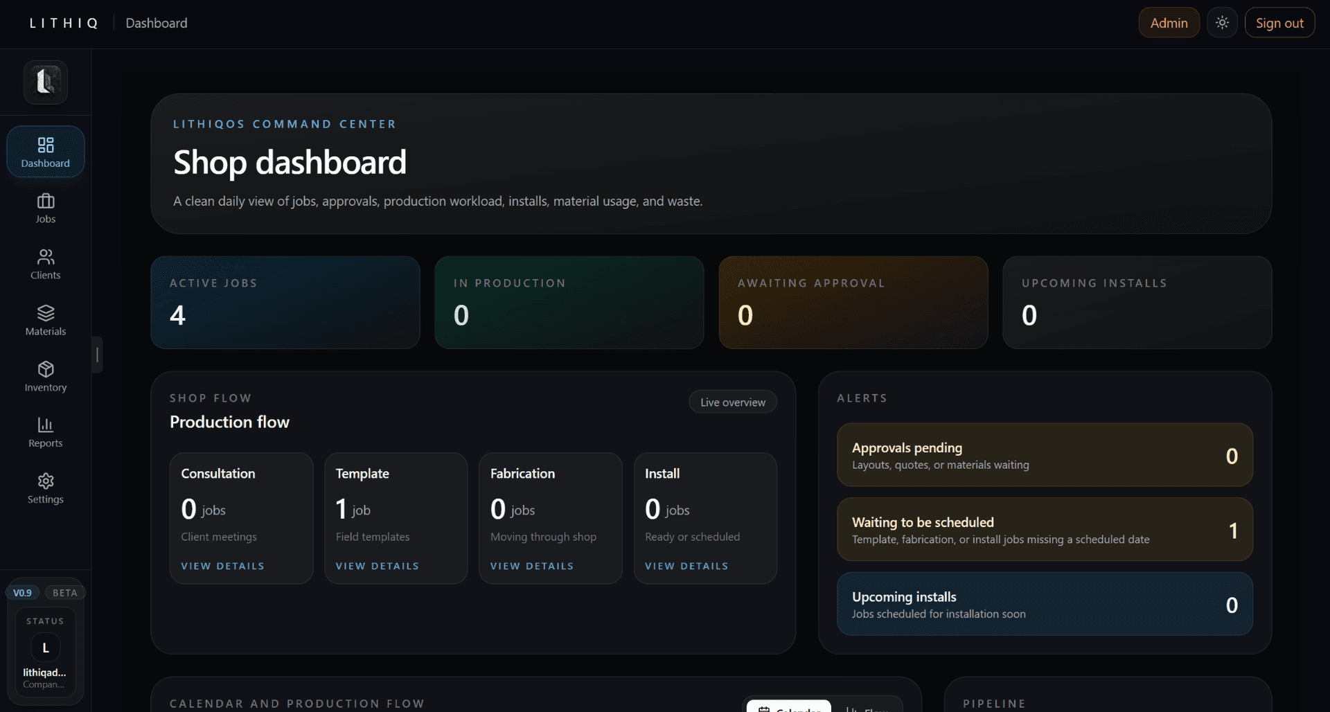 Lithiq OS dashboard — job pipeline, scheduling, and shop status at a glance