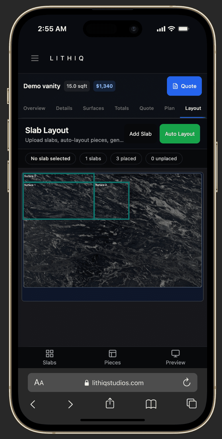 LithiqMatch AI slab nesting layout