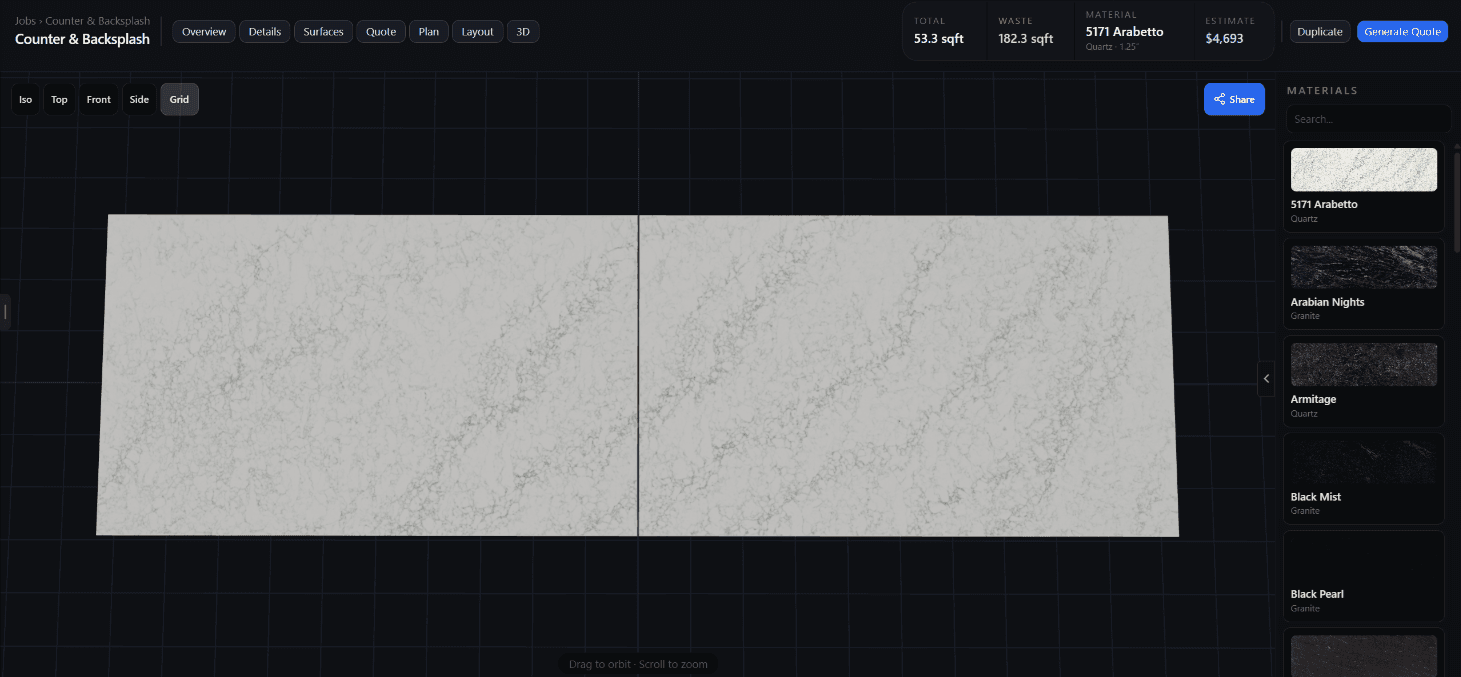 LithiqMatch AI nesting pieces onto a slab